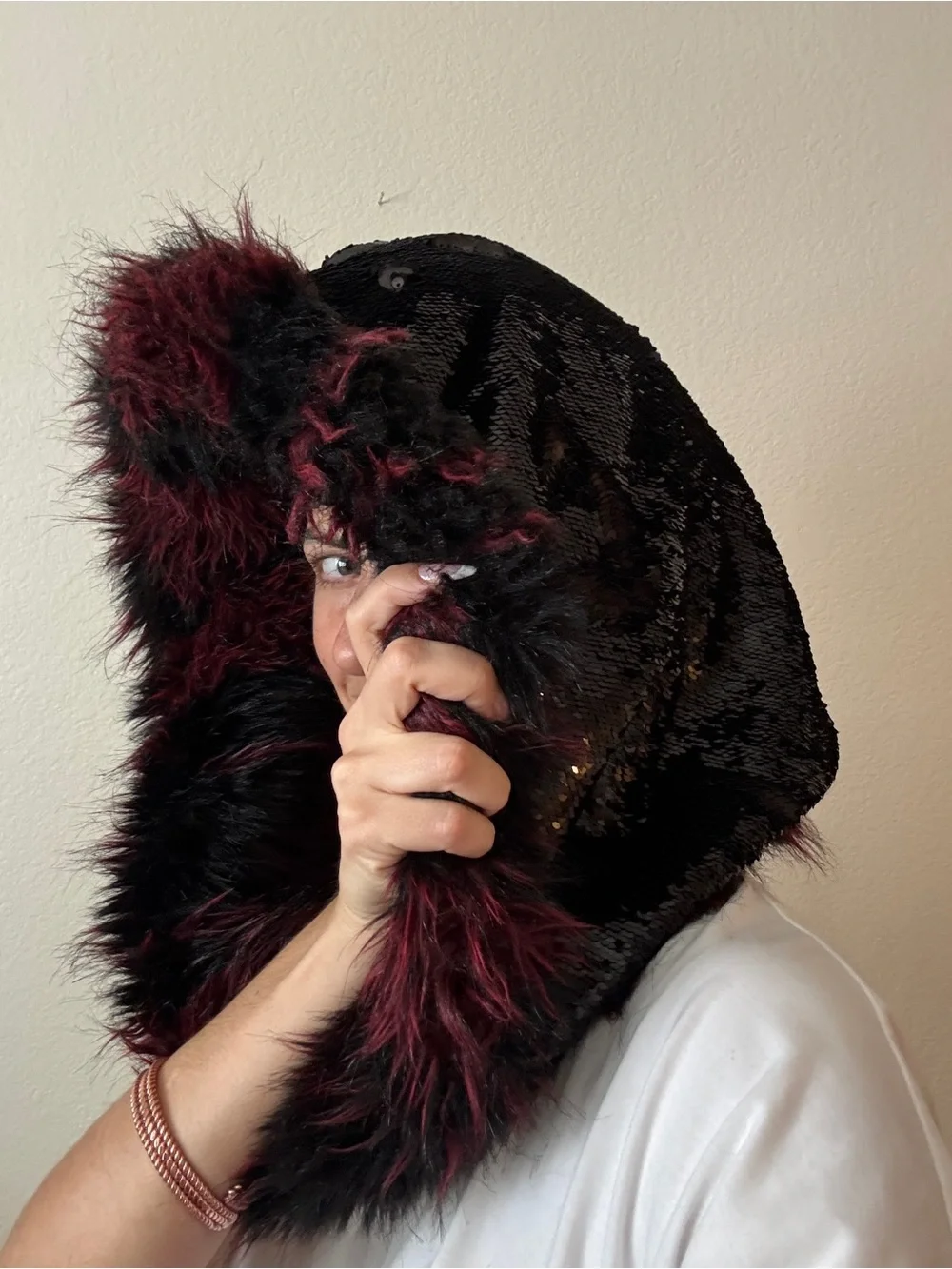 Faux Fur Reversible Hooded Scarf - Black Sequin and Burgundy